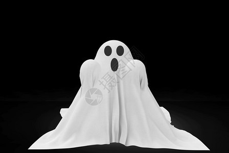 渲染插图3d将黑色背景的白布幽灵服装隔离在黑暗背景上万圣节图片