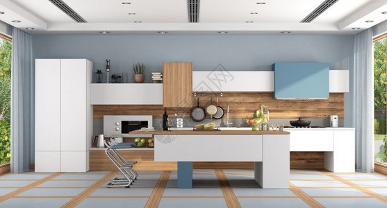 建筑学炊具白色和蓝现代厨房配有岛屿和凳子3D制成白色和蓝现代厨房配饰图片