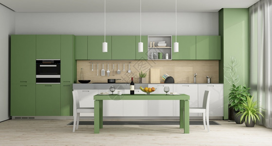 国内的木头带餐桌绿色和白现代厨房3d渲染绿色和白现代厨房渲染花盆图片