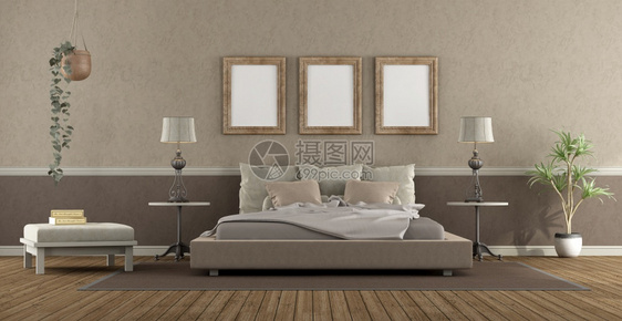 优质的美主卧室经典风格双床和脚凳3D使得优美的主卧室具有经典风格水平的白天图片