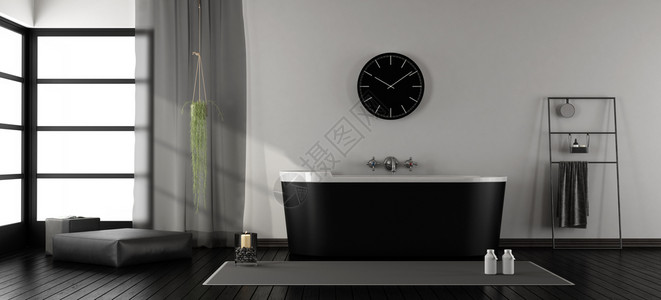 现代洗手间与黑色浴缸的3D翻接窗帘地毯架子图片