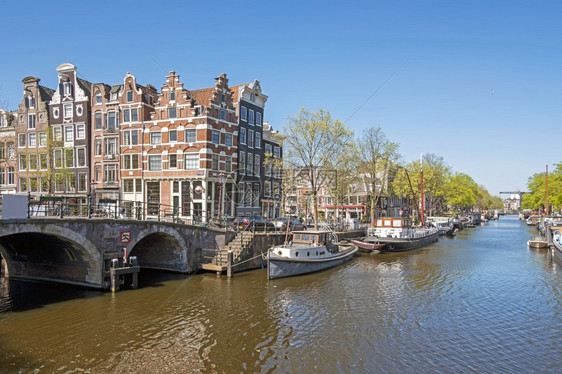 建筑学在荷兰阿姆斯特丹的若尔河运沿线中世纪的外墙老晴天图片