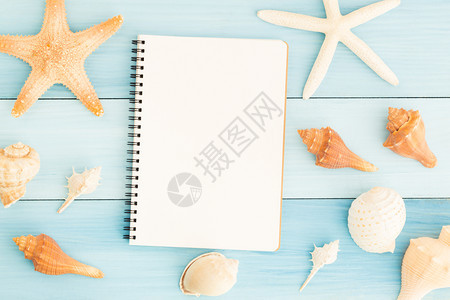 浪漫的蓝木地板上空白笔记本和贝壳海旅行图片