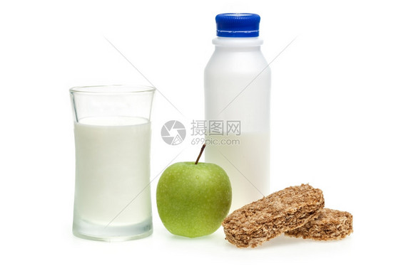 养分有机的粮食配谷物棒苹果和牛奶的健康食品图片