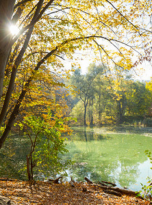 十月乌克兰基辅Kitaevo公园的秋叶树湖丰富多彩的图片