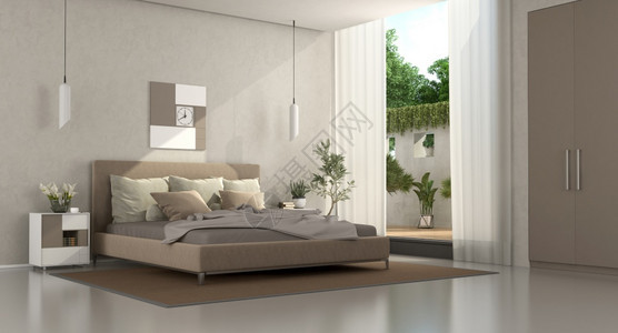 渲染人们棕色的和米格现代主卧室配有双床夜柜和衣3D制成布朗和米格现代主卧室图片