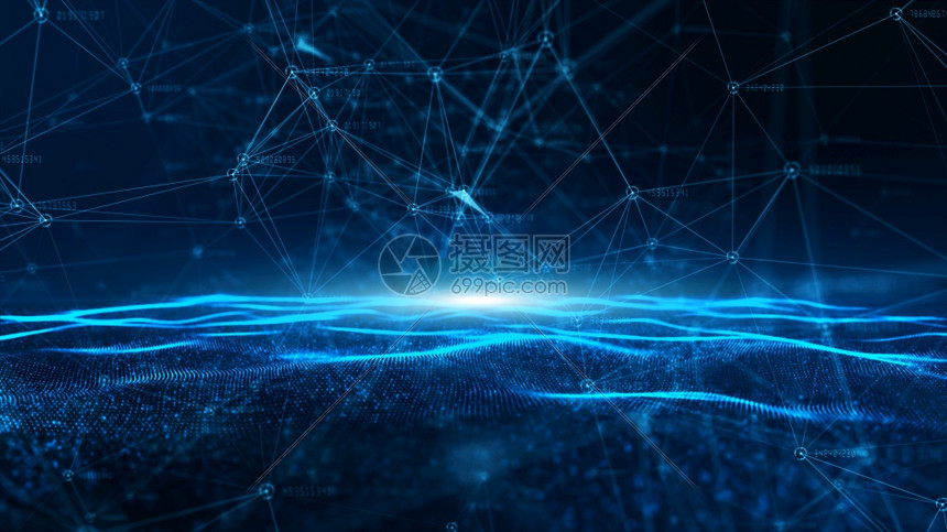 闪发光的摘要蓝色数字粒子波和据网络连接用于技术通信或社交媒体背景的数字据网络连接摘要蓝色数字粒子波和据网络连接三角形商业图片