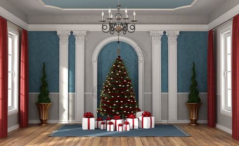 地面金的柱子圣诞树和在豪华房间的圣誕礼物3D在豪华房间里的等待圣诞节图片