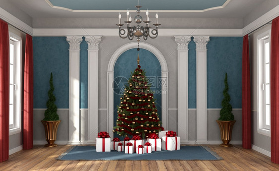 地面金的柱子圣诞树和在豪华房间的圣誕礼物3D在豪华房间里的等待圣诞节图片