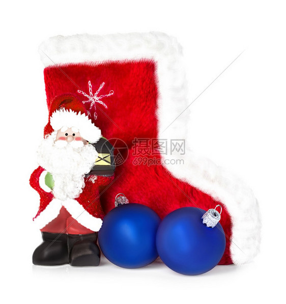 克劳斯喜悦圣诞老人和靴子被白色背景隔离装饰品图片