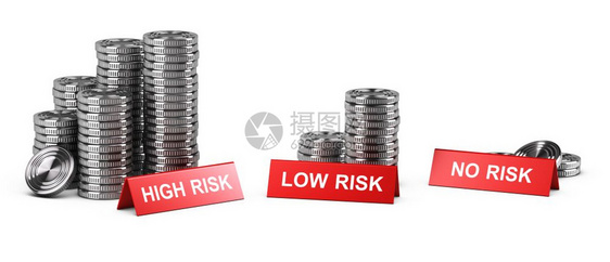 权衡迹象3D说明硬币堆积和红色标志文本高低无风险投资和概念高无风险收益比较金融图片