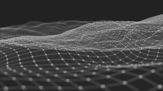 连接由点粒子和网状组成的远期背景空间中抽象数字波和亮平方颗粒的3D交接数据量巨大科学字的图片