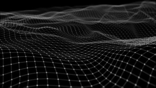 由点粒子和网状组成的远期背景空间中抽象数字波和亮平方颗粒的3D交接数据量巨大网络质地正方形图片