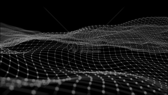 艺术蓝色的由点粒子和网状组成的远期背景空间中抽象数字波和亮平方颗粒的3D交接数据量巨大形象的图片