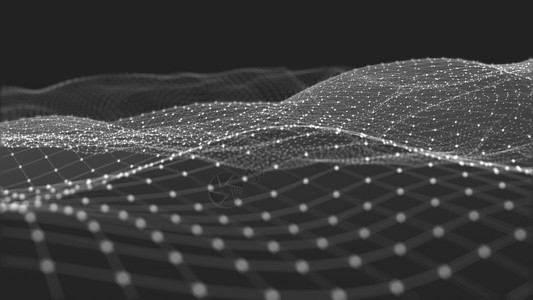 由点粒子和网状组成的远期背景空间中抽象数字波和亮平方颗粒的3D交接数据量巨大活力几何的丛图片