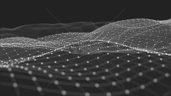 由点粒子和网状组成的远期背景空间中抽象数字波和亮平方颗粒的3D交接数据量巨大活力几何的丛图片