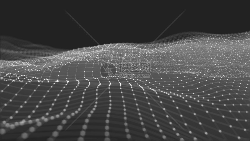 数字的由点粒子和网状组成的远期背景空间中抽象数字波和亮平方颗粒的3D交接数据量巨大未来派多边形图片