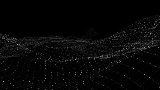由点粒子和网状组成的远期背景空间中抽象数字波和亮平方颗粒的3D交接数据量巨大几何的抽象噪音图片