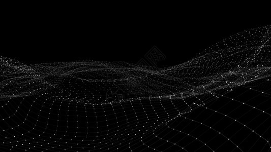 由点粒子和网状组成的远期背景空间中抽象数字波和亮平方颗粒的3D交接数据量巨大几何的抽象噪音背景图片