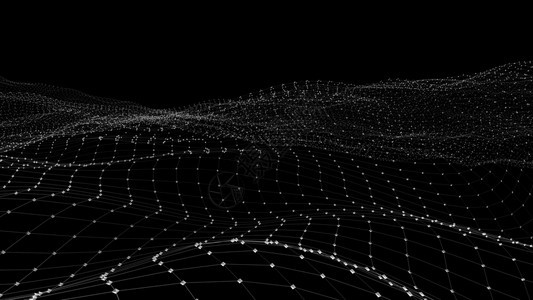 质地由点粒子和网状组成的远期背景空间中抽象数字波和亮平方颗粒的3D交接数据量巨大制作运动图片