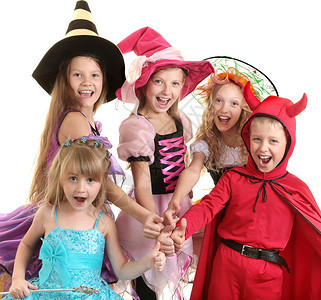 万圣节魔女妖和公主展露缩略图中的5名快乐儿童大拇指摆姿势打手图片