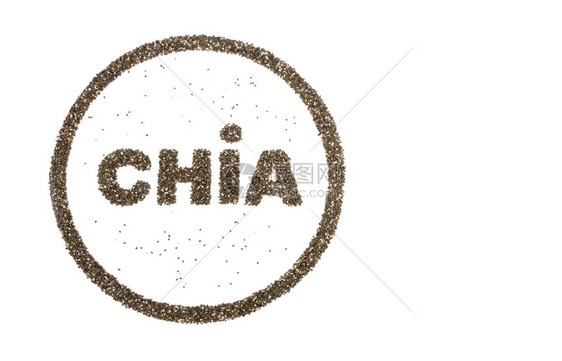 WordCHIA和圆圈中充满着白背景孤立的奇阿种子营养丰富食物粮图片