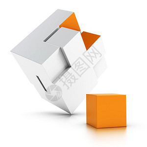 适应3d拼图白背景上缺少的橙色部分中间插接缺失部分的符号立方体形象的图片