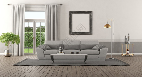 优雅白色的灯以灰沙发和窗子为背景的优等家庭内地与灰色沙发相比3D使优等家庭内地与灰色沙发图片
