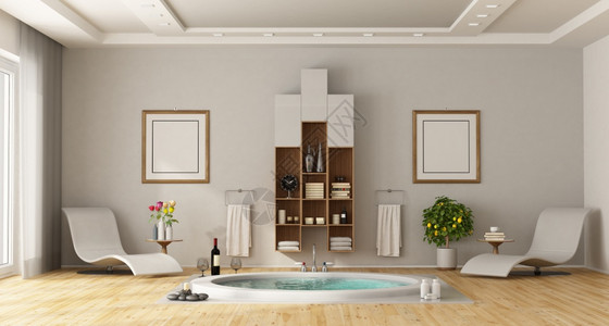 豪华浴室内置圆周缸沙发休息室和墙壁上的柜子3D铸造豪华浴室和内置圆桌缸建筑学优雅渲染图片