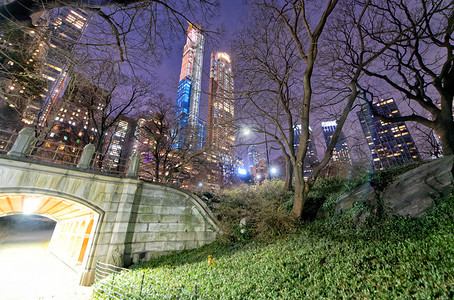 景观泻湖来自纽约市中央公园的曼哈顿摩天大楼令人惊叹的夜景约克图片