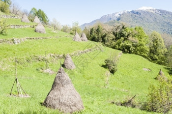 意大利阿尔卑斯山村传统干草堆因维亚雷农业土地图片