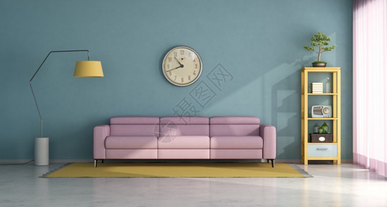 白色的公寓水平带有粉红沙发和旧家具的蓝色起居室3D为有粉色沙发和旧家具元素的客厅提供粉色沙发和旧家具图片