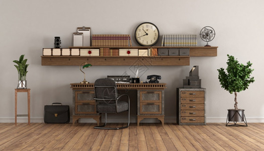 家具带旧桌子和白墙上木架的家庭办公室3d用旧桌子以复古风格渲染家庭办公室装饰风格经典的图片