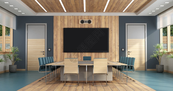 灰色的工作站窗帘高级客厅有大型会议桌两扇门和背景的平面屏幕3D使优美客厅与大型会议桌图片