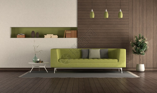 优雅的咖啡在一个现代客厅中的绿色沙发配有木板和特殊位置3D将绿色沙发装在现代客厅中枝形吊灯图片