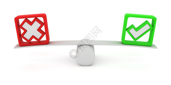 打钩平等木锯上的绿滴和红十字平衡三维图片