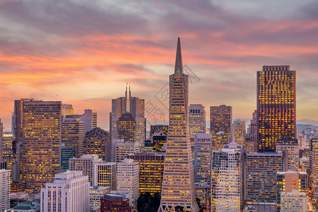 日落时美国旧金山市风景的下城天线办公室旅行区图片