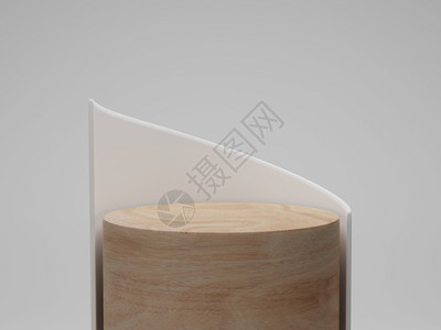 圆形的渲染3d成为白色背景的抽象几何圆柱式讲台现代最低限度模拟型Wood讲台插图图片
