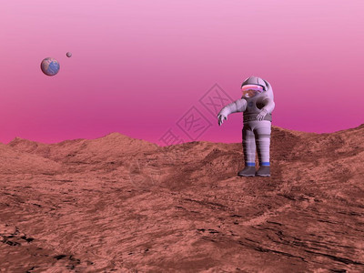 粉色的男人第一次宇航员在火星上行走粉红背景中看到地球和月亮活力图片