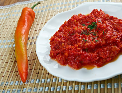 Muhammara热辣椒泡原来自阿勒颇黎凡丁和土耳其菜起初蘸食物图片
