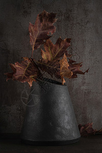 现代设计黑色陶瓷花瓶有干橡树叶最佳创造力的音调图片
