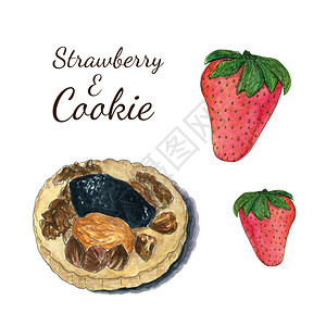 水果彩饼干和草莓水红甜点对待坚果图片