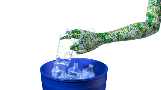 界通过将塑料瓶放在蓝色垃圾场3D插图绿色蓝和黄圆圈覆盖的绿男人手臂上覆盖着绿色蓝和黄圆圈并带有回收符号通过放置塑料瓶在蓝色垃圾场图片