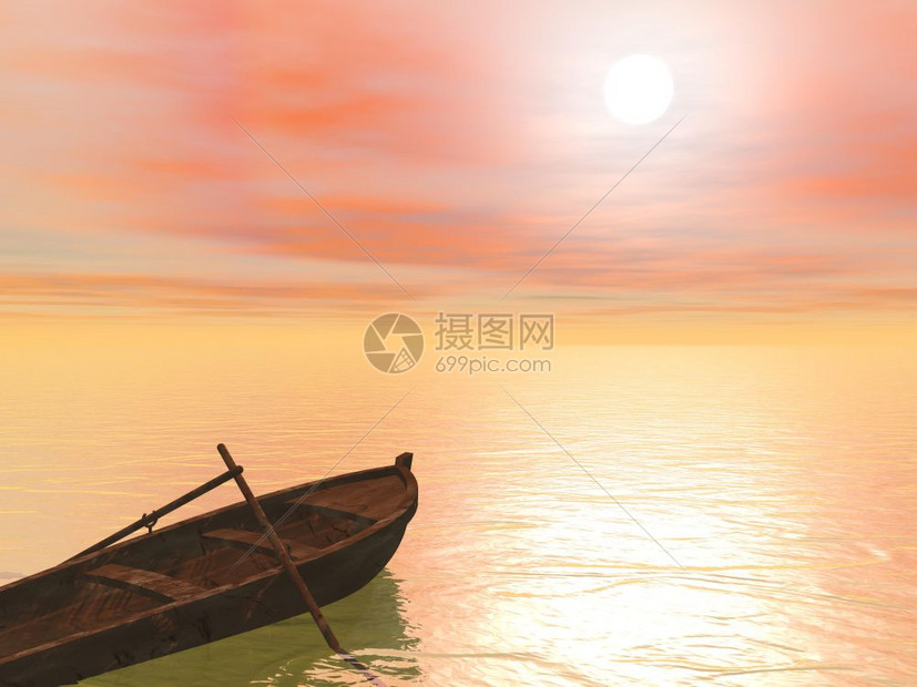 水手帆安静的日落前在宁水上停留着两条桨的旧棕色木船图片