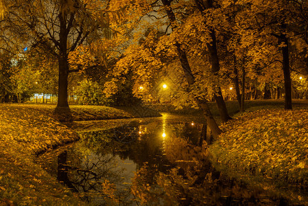 人行道夜间公园照明河岸的夜景黑暗镇图片