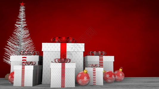 在室内木制的颜色白地板上带丝和红色蝴蝶结的一组白色礼品盒的前视图上面装饰着红色球和背景上的白圣诞树3D插图白色木地板上带丝和红色图片