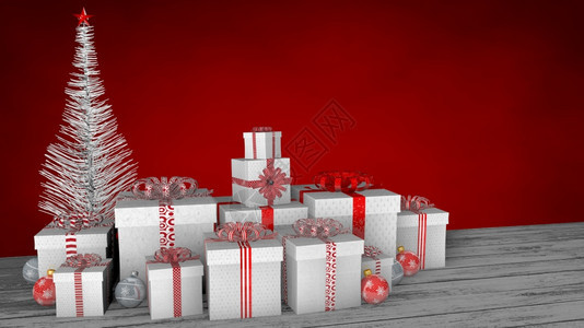 一组白色礼品盒的前视图白色木地板上装饰着红色球和背景上的白圣诞树3D插图白色礼品盒木地板上装饰着红色球和蝴蝶结上面有丝带和红色蝴图片