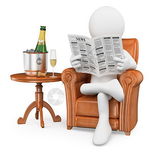 家3名白人Gentleman阅读报纸喝香槟孤立的白种背景沙发轻松图片