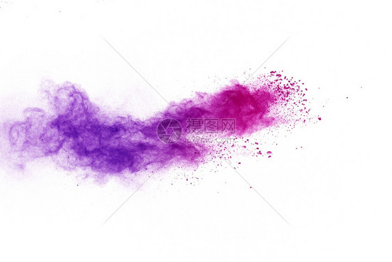 在白色背景上分离的紫色粉末爆炸风暴溪流损害图片