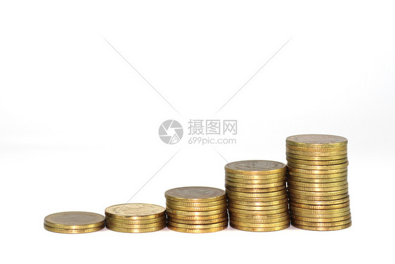 白背景上孤立的金硬币堆白色银行业图片